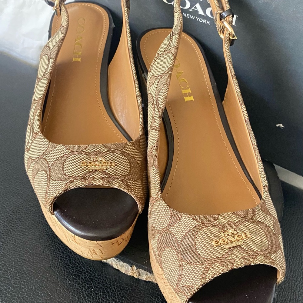 Coach Tan and Brown Wedge Sandals